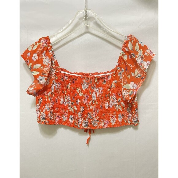 Almost Famous Womens Size XL Orange Floral Cropped Halter Top With Soft Sleeves - Picture 8 of 9